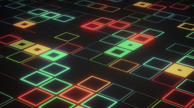 Led screen background with glowing squares in neon colors in retro gaming tech style. digital art. Seamless loop.