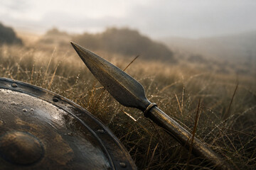 Fototapeta premium Bronze spearhead and shield edge resting in dew-covered grass at dawn, quietly evoking the aftermath, courage, and mortality of a Homeric battlefield.