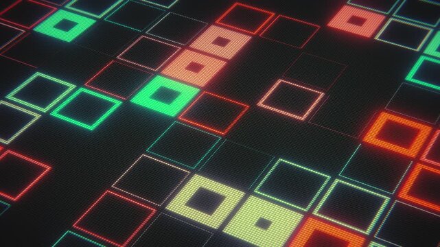 Led screen with glowing squares in neon colors in retro gaming tech style. digital art. Seamless loop.