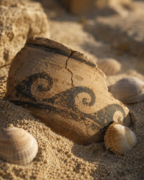Cracked ancient pottery shard with a faded wave motif half buried in warm sand and shells, suggesting a lost Mediterranean voyage from the Homeric world.