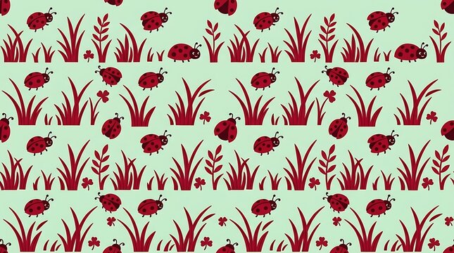 Seamless pattern with cute ladybugs and red grass on green backdrop
