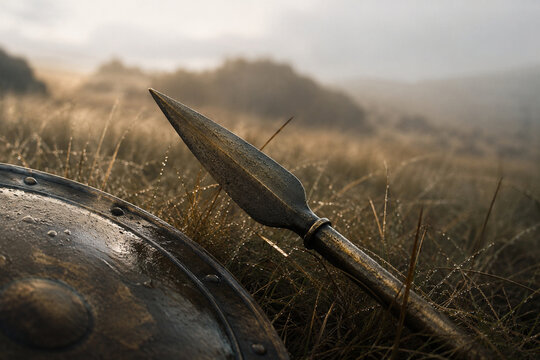 Bronze spearhead and shield edge resting in dew-covered grass at dawn, quietly evoking the aftermath, courage, and mortality of a Homeric battlefield.
