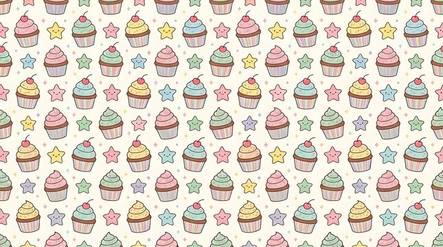 Seamless pattern with cute pastel cupcakes and smiling stars