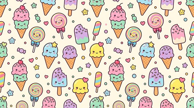 Seamless pattern with cute kawaii ice cream popsicles and lollipops