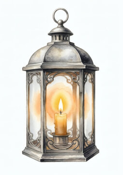 Vintage metal lantern with burning candle inside watercolor illustration