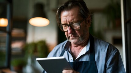 Fototapeta premium A man wearing glasses and an apron is focused on a tablet device while standing indoors near warm lighting