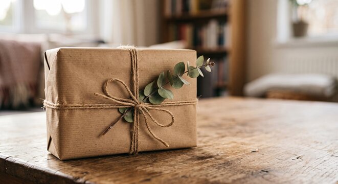 An elegantly wrapped gift package decorated with rustic twine and a delicate eucalyptus sprig sits on a wooden table in a cozy home