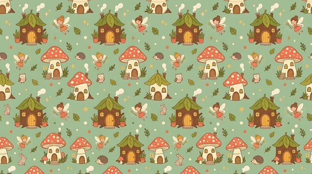 Fairytale woodland pattern with mushroom houses and flying fairies