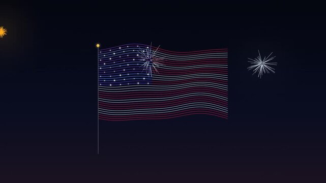Abstract american flag made of glowing neon lines and dots waving in the dark night sky representing patriotism and national pride for the united states of america as a digital graphic design art