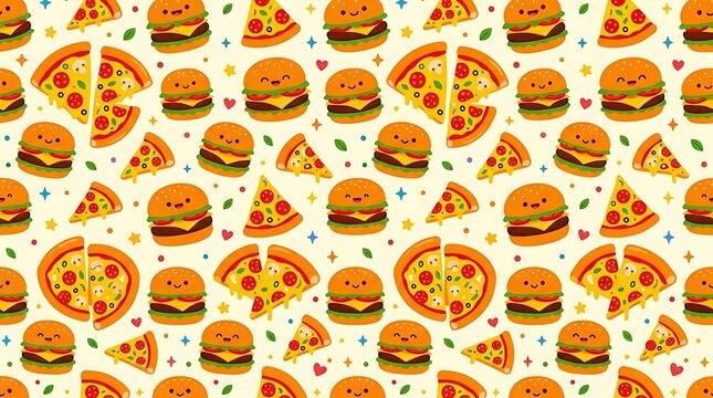 Seamless pattern of cute cartoon burgers and pizza slices