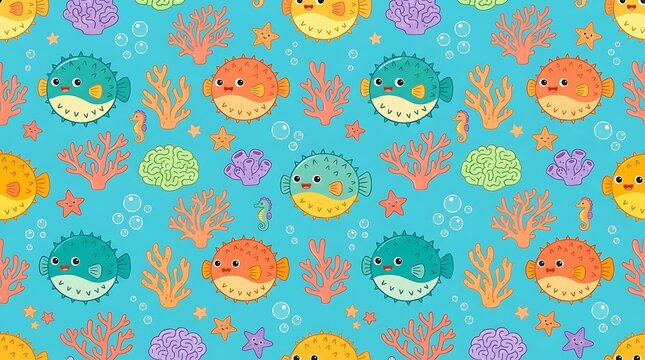 Seamless pattern with cute pufferfish and colorful coral reef