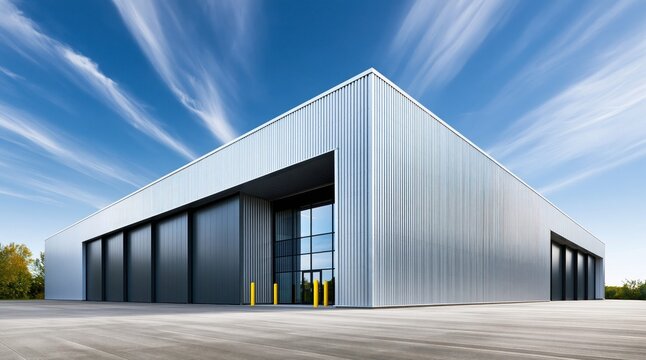 Contemporary warehouse architecture under a dynamic sky