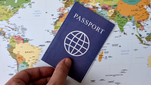 International passport against a map backdrop, representing the concepts of travel, hiking, and relocation. Passport on a map as a background for your design
