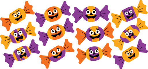 Naklejka premium Whimsical cartoon Halloween candies featuring happy and mischievous facial expressions for festive designs