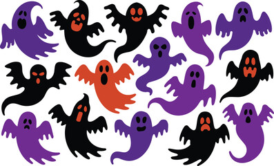 Fototapeta premium Menacing yet playful cartoon ghosts in purple orange and black colors with various scary and eerie Halloween expressions