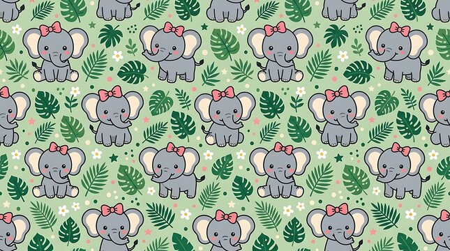 Adorable baby elephant and tropical leaf seamless pattern