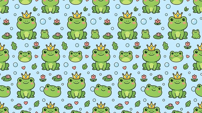 Cute green frog prince seamless pattern on light blue background
