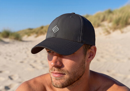 Man at the Beach Wearing a Black Cap with Logo Mockup