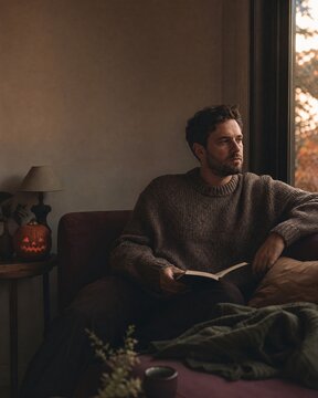 Young man in knitted sweater reading a book on a sofa in a cozy autumn living room with jack o lantern