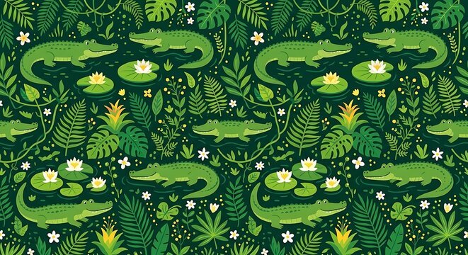 Seamless pattern with green crocodiles and tropical jungle leaves
