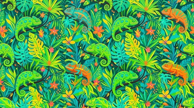 Seamless pattern of colorful chameleons and tropical jungle leaves