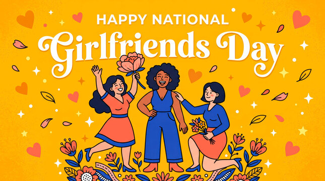 Three happy friends celebrating national girlfriends day with flowers and confetti