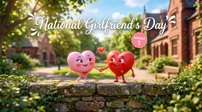 Two cute heart characters celebrating national girlfriend's day in garden