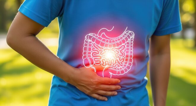 Person suffering from intense stomach pain, internal digestive system shown glowing with inflammation, symptom of an intestinal disease, bowel health issues, gastrointestinal concept