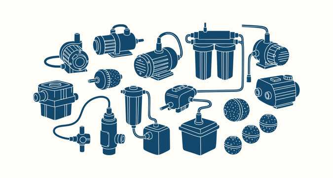 Industrial Water Pump and Filtration System Icons Set for Aquarium Pool and Liquid Processing Vector
