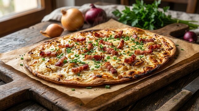 Traditional Flammkuchen from Alsace, a French Tarte Flambee with bacon and onions