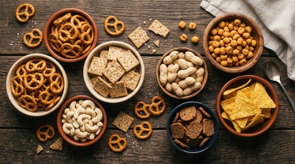 Fototapeta premium An assortment of salty snacks featuring chips, crackers, pretzels, and nuts