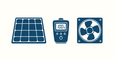 Solar panel energy system icons with digital multimeter and cooling fan vector design illustration. © Riyad29