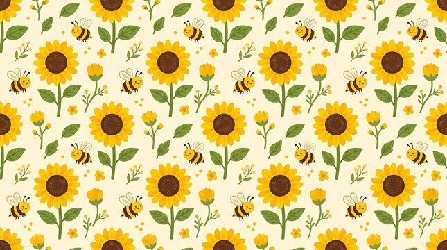 Seamless pattern of cute sunflowers and happy bees in a field