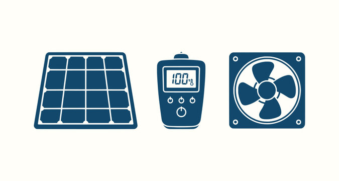 Solar panel energy system icons with digital multimeter and cooling fan vector design illustration.