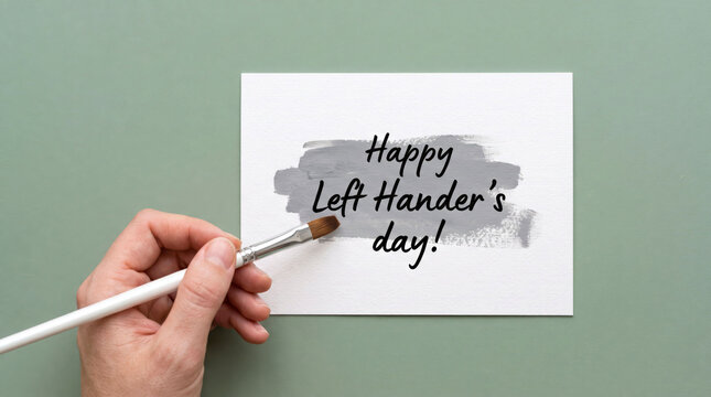Person painting happy left handers day greeting card with brush