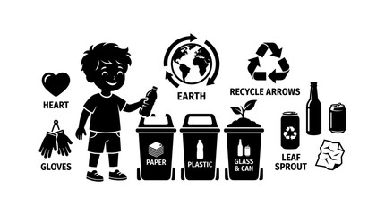 Boy Recycling Bottle Into Bins Labeled Paper, Plastic, and Glass with Earth and Recycling Symbols Featuring Symbol, Environment
