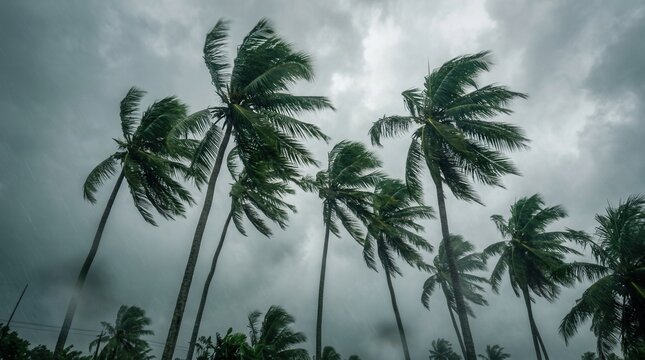Tropical storm with strong winds blowing coconut palm trees under an overcast sky.