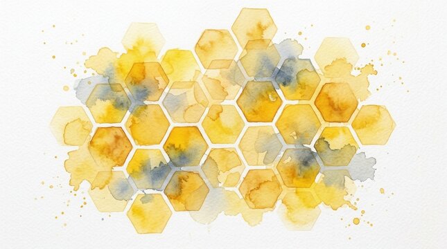 Continuous honeycomb design watercolor painting with yellow honeycombs on an abstract white background for wrapping paper and textile design.
