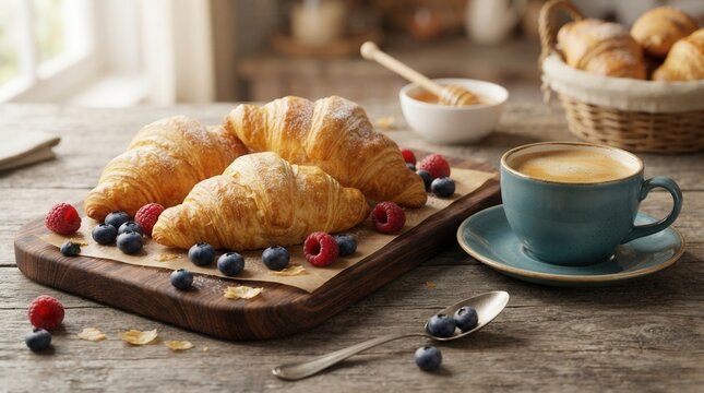 A focused breakfast composition with buttery croissants and a warm cup of coffee.