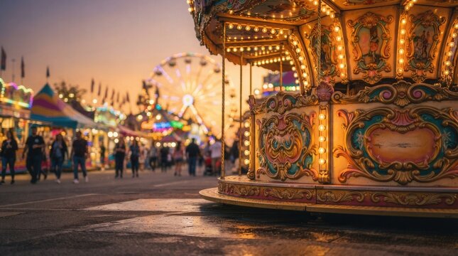 Festive fair with blurred background and glowing carnival tents