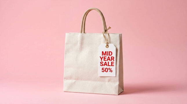 Light beige shopping bag with mid year sale tag showing fifty percent discount