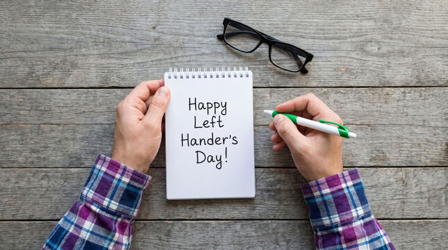 Person writing happy left handers day on sticky note with glasses