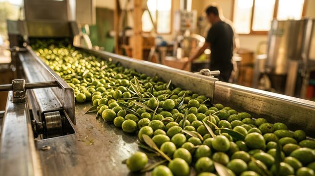 A continuous feed of olives for extracting extra virgin olive oil within a small-scale production facility.