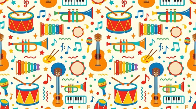 Colorful musical instruments seamless pattern with drums and guitars