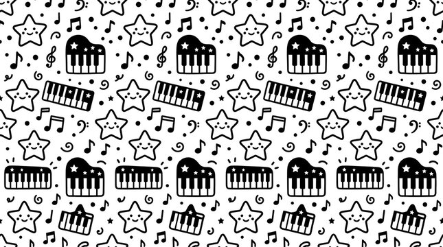 Cute musical doodle pattern with smiling stars and piano keys
