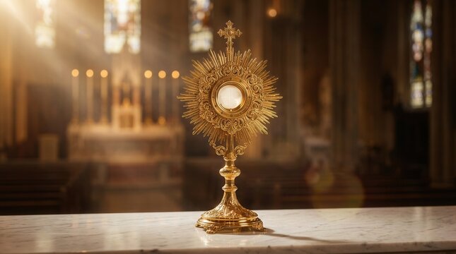 A golden ostensory used for the adoration of the Blessed Sacrament and worship during a Catholic church ceremony for the Eucharistic Holy Hour.