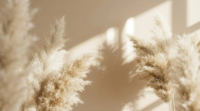 A Parisian vibe aesthetic background with beautiful shades of neutral pampas grass and reeds and sunlight casting shadows on the wall.