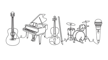 Minimalist continuous line art musical instruments, black and white orchestra band vector, acoustic guitar piano violin drums and microphone icons © Toqeer