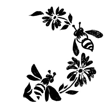 Vector floral frame with bees. Black and white textured outline drawing of a semicircular border with daisies and insects