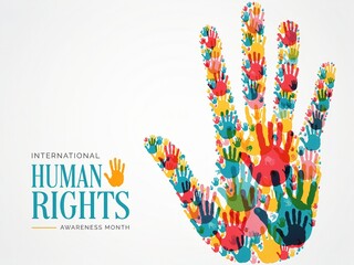Obraz premium International Human Rights Awareness Month with colorful hand made of handprint isolated on white background